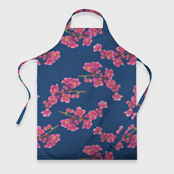 Фартук кулинарный Веточки айвы с розовыми цветами на синем фоне, цвет: 3D-принт