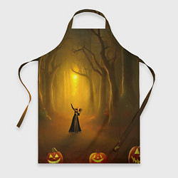 Фартук кулинарный Ведьма в черном платье в заколдованном лесу с тыкв, цвет: 3D-принт