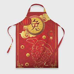 Фартук кулинарный Китайский иероглиф и золотой кролик на красном фон, цвет: 3D-принт