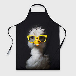 Фартук кулинарный Белый гусь в желтых очках на черном фоне, цвет: 3D-принт