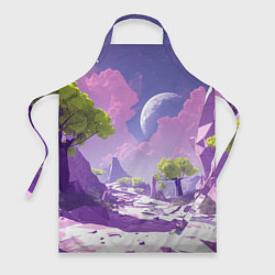 Фартук кулинарный Фиолетовые горы зеленые деревья и космос, цвет: 3D-принт