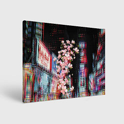 Холст прямоугольный Ветка сакуры на фоне ночного Токио - glitch, цвет: 3D-принт