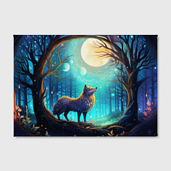 Холст прямоугольный Волк в ночном лесу в folk art стиле, цвет: 3D-принт — фото 2