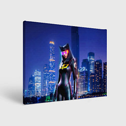 Холст прямоугольный Cat girl on the background of a megalopolis, цвет: 3D-принт