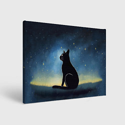 Холст прямоугольный Черный кот и звезды - акварель, цвет: 3D-принт
