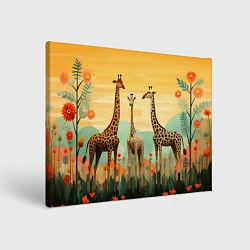 Холст прямоугольный Три жирафа в стиле фолк-арт, цвет: 3D-принт