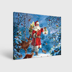 Холст прямоугольный Дед Мороз в лесу с животными, цвет: 3D-принт