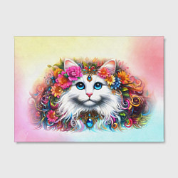 Холст прямоугольный Белый кот с голубыми глазами в цветах, цвет: 3D-принт — фото 2