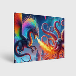 Холст прямоугольный Огнедышащий дракон против осьминога - нейроарт фан, цвет: 3D-принт