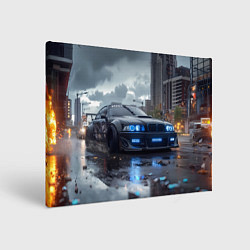 Холст прямоугольный BMW синие фары дождливая погода, цвет: 3D-принт