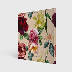 Холст квадратный Цветы Нарисованные Красные Розы и Лилии, цвет: 3D-принт