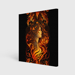 Холст квадратный Девушка в стиле ар-нуво с огнем и осенними листьям, цвет: 3D-принт