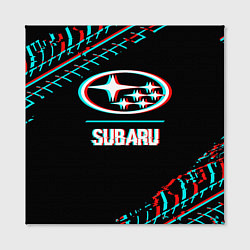 Холст квадратный Значок Subaru в стиле glitch на темном фоне, цвет: 3D-принт — фото 2