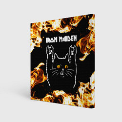Холст квадратный Iron Maiden рок кот и огонь, цвет: 3D-принт