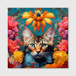 Холст квадратный Дикая кошка в цветах, цвет: 3D-принт — фото 2
