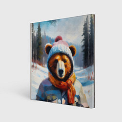 Холст квадратный Бурый медведь в зимней одежде, цвет: 3D-принт