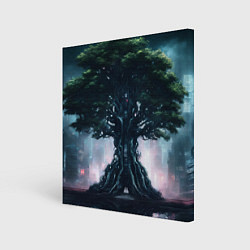 Холст квадратный Великое древо в стиле киберпанк, цвет: 3D-принт