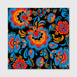 Холст квадратный Хохломская роспись разноцветные цветы на чёроном ф, цвет: 3D-принт — фото 2