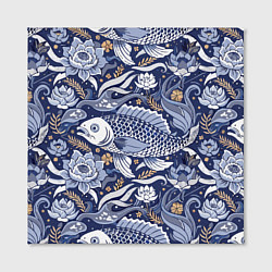 Холст квадратный Рыба карп - синий корейский узор, цвет: 3D-принт — фото 2