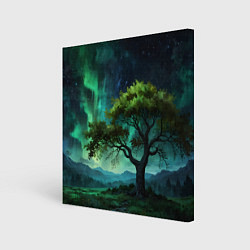 Холст квадратный Северное сияние и дерево, цвет: 3D-принт