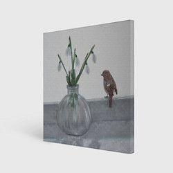 Картина квадратная Подснежники и птичка