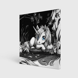 Холст квадратный Белый единорог с голубыми глазами, цвет: 3D-принт