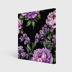 Холст квадратный Пионы и лаванда винтажный узор, цвет: 3D-принт
