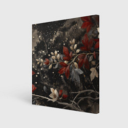 Холст квадратный Красные и белые листья на черном, цвет: 3D-принт