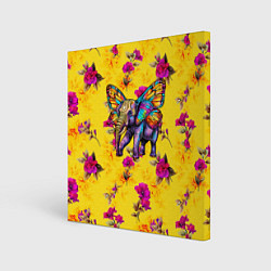 Холст квадратный Слон с крыльями бабочки на цветочном фоне, цвет: 3D-принт