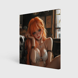 Холст квадратный Скромная рыжая девушка на диване, цвет: 3D-принт