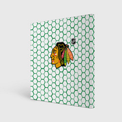 Холст квадратный Чикаго Блэкхокс - белые соты с зеленой обводкой, цвет: 3D-принт
