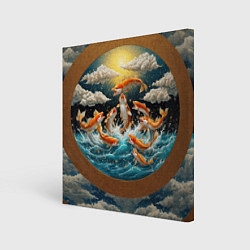 Холст квадратный Большие золотистые рыбы выпрыгивают из воды, цвет: 3D-принт
