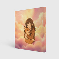 Холст квадратный Девочка обнимает лисичку, цвет: 3D-принт