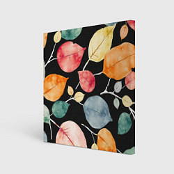 Холст квадратный Разноцветные акварельные листья на чёрном, AI, цвет: 3D-принт
