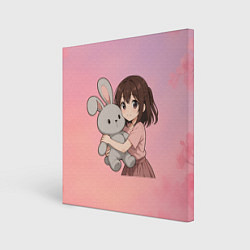 Холст квадратный Девочка обнимает зайцика в аниме, цвет: 3D-принт