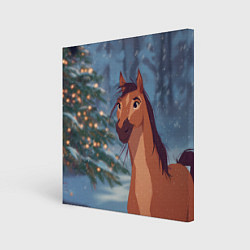 Холст квадратный Лошадь на фоне новогодней елки, цвет: 3D-принт