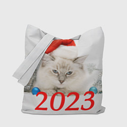 Сумка-шопер Белый кот в шапочке деда мороза, цвет: 3D-принт