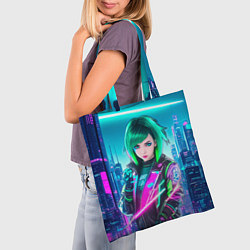 Сумка-шопер Девушка с зелеными волосами киберпанк, цвет: 3D-принт — фото 2