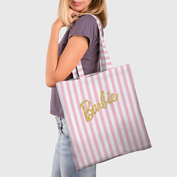 Сумка-шопер Barbie - золотая надпись и бело-розовые полосы, цвет: 3D-принт — фото 2