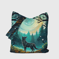 Сумка-шопер Волк в ночном лесу фолк-арт, цвет: 3D-принт