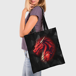 Сумка-шопер Красный дракон на полигональном черном фоне, цвет: 3D-принт — фото 2