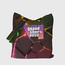 Сумка-шопер GTA 6 лого на фоне разлома радужных плит, цвет: 3D-принт