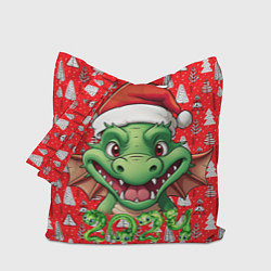 Сумка-шопер Зеленый новогодний дракон на красном фоне, цвет: 3D-принт