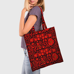 Сумка-шопер Хохломская роспись красные цветы и ягоды на чёрном, цвет: 3D-принт — фото 2