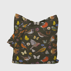 Сумка-шопер Птицы и бабочки с цветами паттерн, цвет: 3D-принт