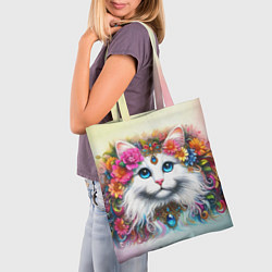 Сумка-шопер Белый кот с голубыми глазами в цветах, цвет: 3D-принт — фото 2
