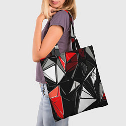 Сумка-шопер Красно-белые рельефные треугольники на чёрном фоне, цвет: 3D-принт — фото 2