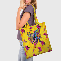 Сумка-шопер Слон с крыльями бабочки на цветочном фоне, цвет: 3D-принт — фото 2