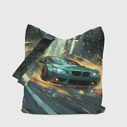 Сумка-шопер Зеленая BMW огонь под колесами, цвет: 3D-принт