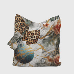 Сумка-шопер Мрамор с цветами и леопардовый узор, цвет: 3D-принт